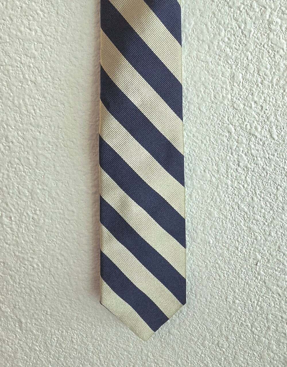 Saks Fifth Avenue Silk Tie Navy Blue Gold Striped Imported Fabric Made in USA